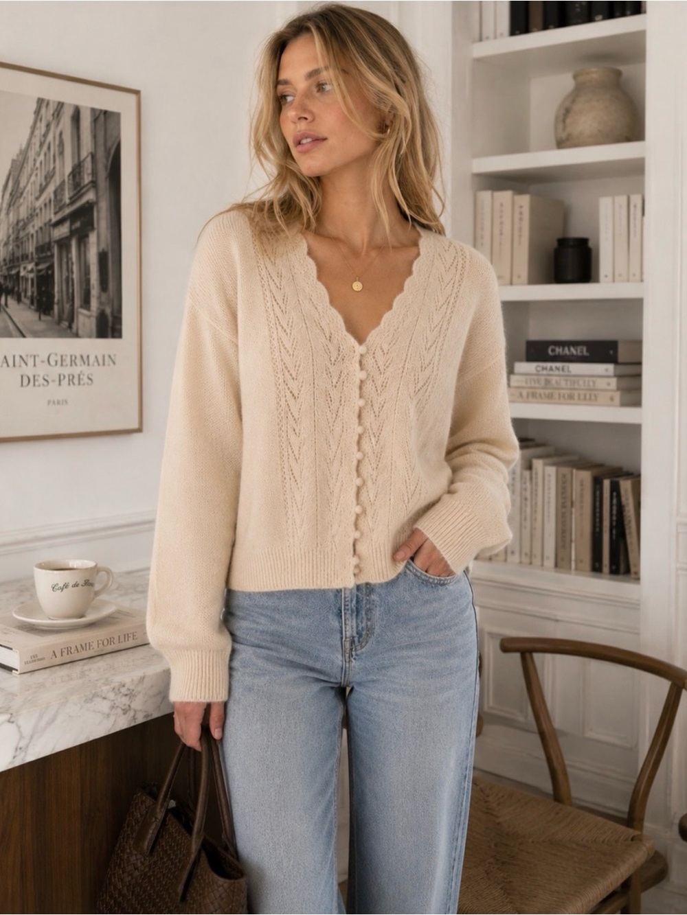 Camila Coelho Mohair Wool Blend Cardigan Sweater in Ivory/Cream